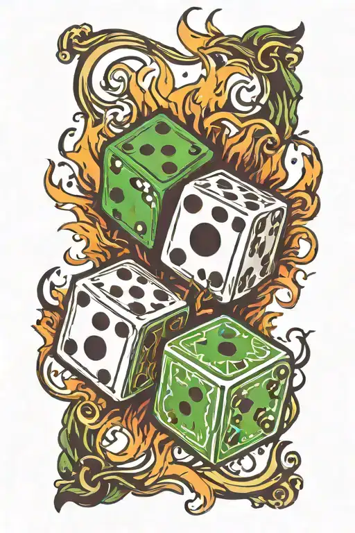 two dice in flames in black and green scheme tattoo design idea