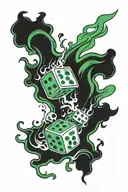 two dice in flames in a black and green scheme tattoo design idea