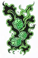 two dice in flames in a black and green scheme tattoo design idea