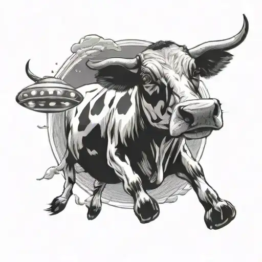 cow getting abducted by ufo beaming tattoo design idea