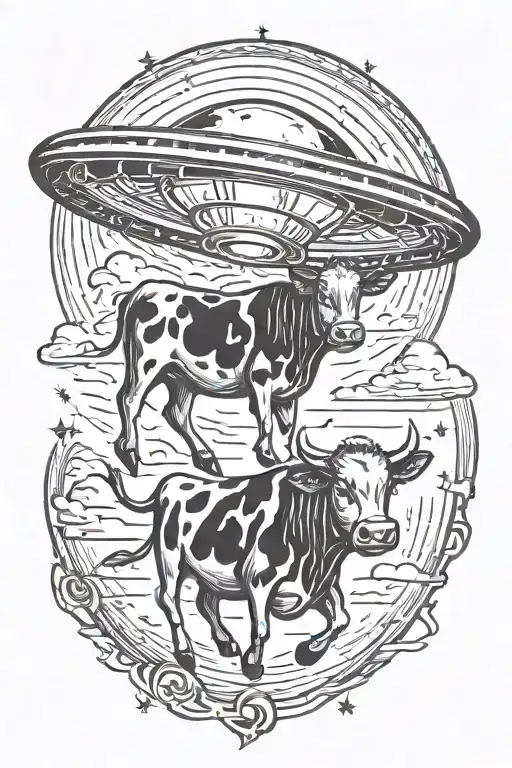 cow getting abducted by ufo beaming tattoo design idea