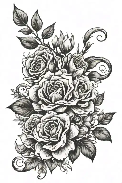 birth flower bouquet with names intertwined tattoo design idea