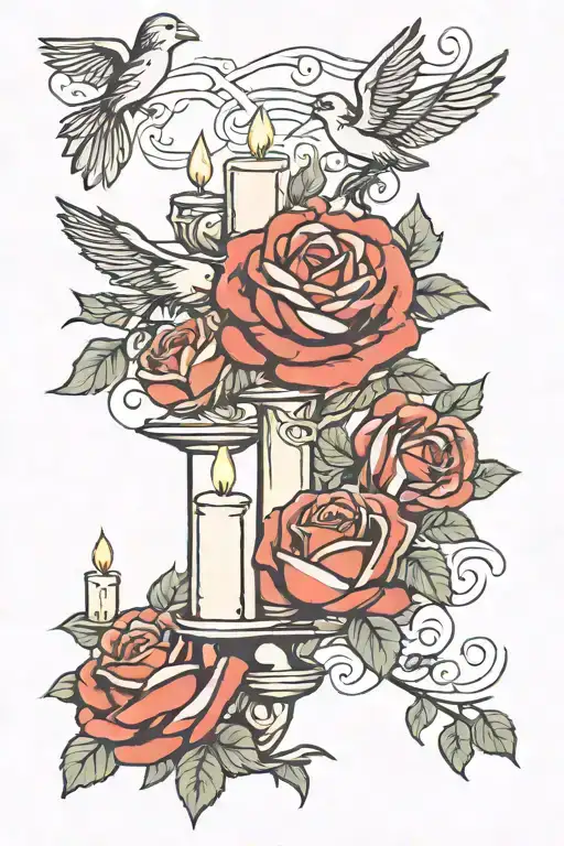 candles and birds and roses intertwined and clouds  tattoo design idea