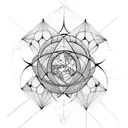 metatrons cube woth platonic solids orbiting tattoo design idea