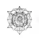 metatrons cube woth platonic solids orbiting tattoo design idea