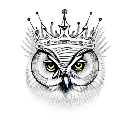 A majestic owl perched on a tree branch with a crown on its head tattoo design idea