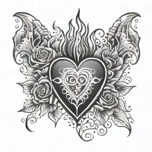sacred heart with roses, flames mexican style black and white stencil tattoo design idea