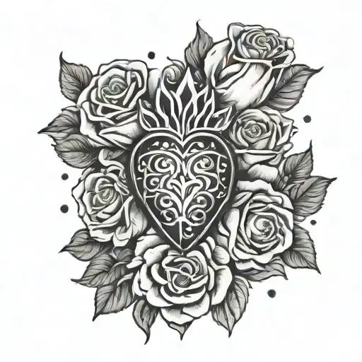 sacred heart with roses mexican  style black and white drawing minimal tattoo design idea