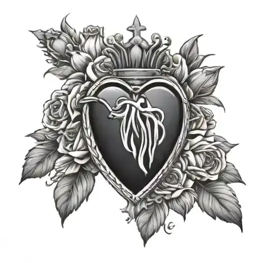 sacred heart with roses victorian style black and white drawing minimal tattoo design idea