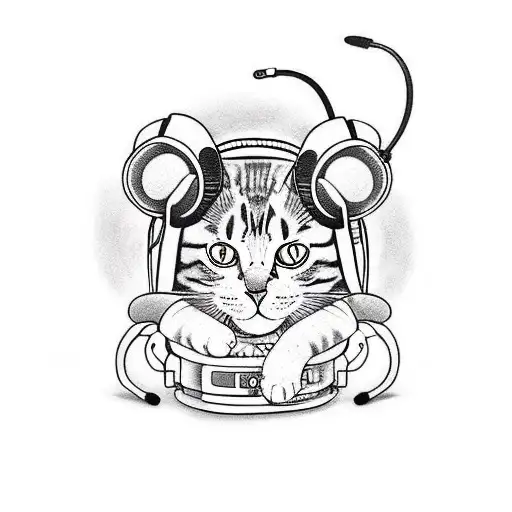 Japanese "A Cat Wearing Headphones And Djing" Tattoo Idea BlackInk AI