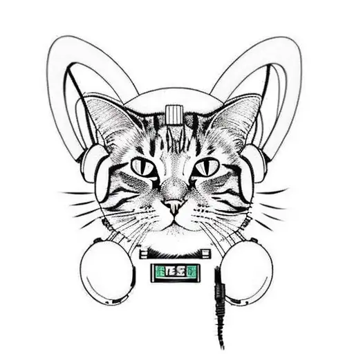 Japanese "A Cat Wearing Headphones And Djing" Tattoo Idea BlackInk AI