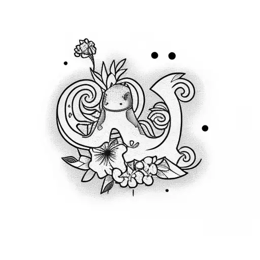 ohana character with "ohana" text at the bottom with hawaii flowers tattoo design idea