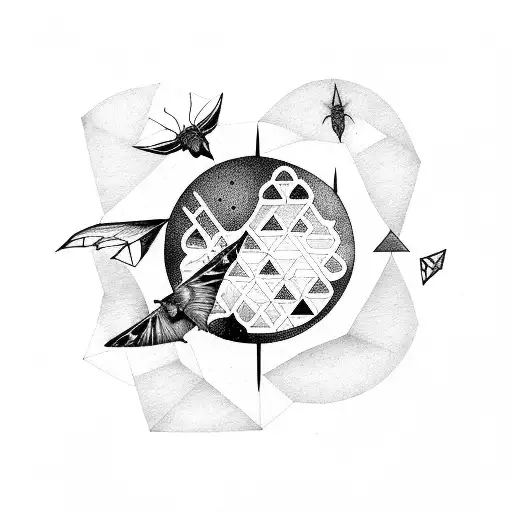 Grunge-inspired geometric moon with bat and moth silhouettes tattoo design idea