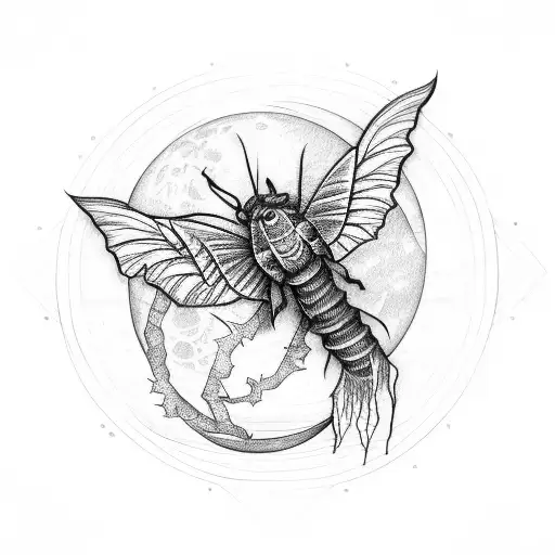 Grunge-inspired moon with plant vines wrapping around bat and moth imagery tattoo design idea