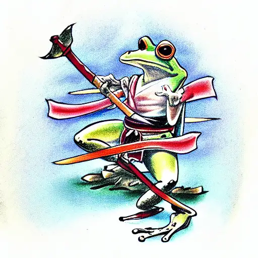 Cool frog dressed as samurai with swords behind his back standing in a cool figh tattoo design idea