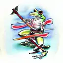 Cool frog dressed as samurai with swords behind his back standing in a cool figh tattoo design idea
