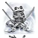 Cool frog dressed as samurai with swords behind his back standing in a cool figh tattoo design idea