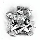 Cool frog dressed as samurai with swords behind his back standing in a cool figh tattoo design idea