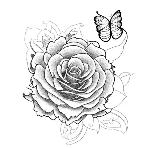2 lined simple calendula flowers with 3 butterflies and a vine of roses tattoo design idea