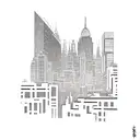 An urban skyline with a hidden cat and dog tattoo design idea