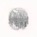 An urban skyline with a hidden cat and dog tattoo design idea