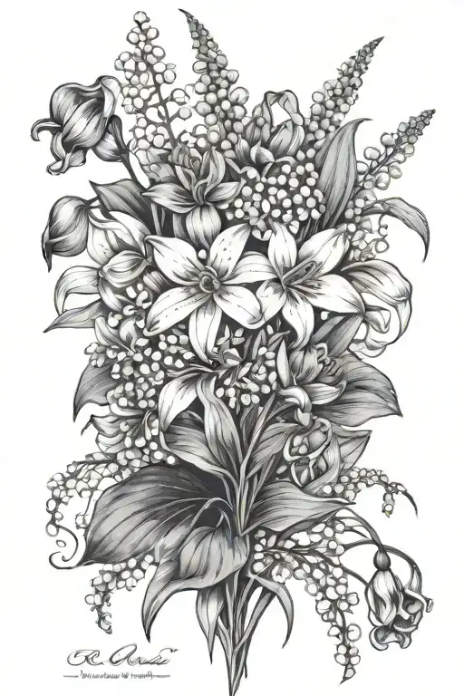daisy, violet, lily of the valley, narcissus bouquet  tattoo design idea