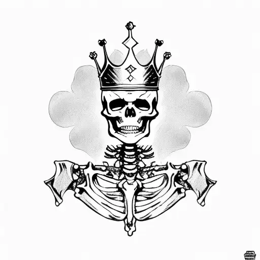 a triumphant Skeleton King adorning a gold crown, raises a red flag as he's rearing an armoured Skeleton horse tattoo design idea