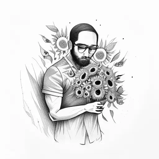 a man sitting on a bench holding a bouquet of dead flowers with a sunflower as a head tattoo design idea