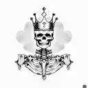 a triumphant Skeleton King adorning a gold crown, raises a red flag as he's rearing an armoured Skeleton horse tattoo design idea