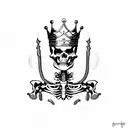 a triumphant Skeleton King adorning a gold crown, raises a red flag as he's rearing an armoured Skeleton horse tattoo design idea