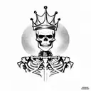 a triumphant Skeleton King adorning a gold crown, raises a red flag as he's rearing an armoured Skeleton horse tattoo design idea