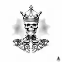 a triumphant Skeleton King adorning a gold crown, raises a red flag as he's rearing an armoured Skeleton horse tattoo design idea