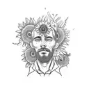 a man sitting on a bench holding a bouquet of dead flowers with a sunflower as a head tattoo design idea