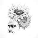 a man sitting on a bench holding a bouquet of dead flowers with a sunflower as a head tattoo design idea