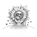 a man sitting on a bench holding a bouquet of dead flowers with a sunflower as a head tattoo design idea