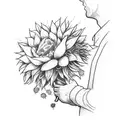 a man sitting on a bench holding a bouquet of dead flowers with a sunflower as a head tattoo design idea