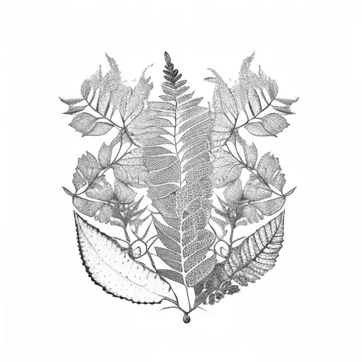 laurel wreath of jacaranda leaves, oak leaves, pepper tree leaves and peppercorns, strawberry leaves, eucalyptus leaves tattoo design idea