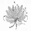  wreath of jacaranda leaves, oak leaves, pepper tree leaves and peppercorns, strawberry leaves, eucalyptus leaves, palm  tattoo design idea