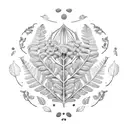  wreath of jacaranda leaves, oak leaves, pepper tree leaves and peppercorns, strawberry leaves, eucalyptus leaves, palm  tattoo design idea