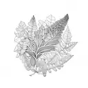 laurel wreath of jacaranda leaves, oak leaves, pepper tree leaves and peppercorns, strawberry leaves, eucalyptus leaves tattoo design idea