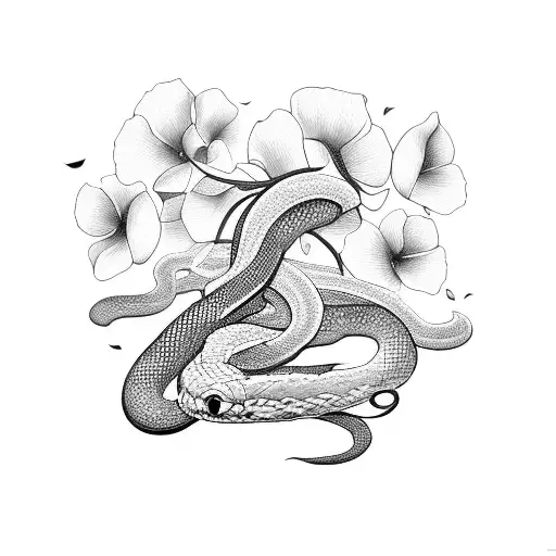 straight long snake with poppy flowers tattoo design idea