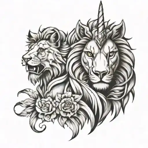 greyscale unicorn and lion head tattoo design idea
