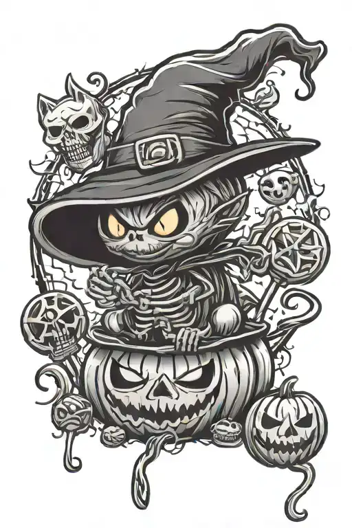 cute halloween, trick r treat lollipop, black cat, witch hat, skeleton, ghost, candy, pumpkin  tattoo design idea