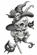 Halloween piece featuring Sam's lollipop, black cat, witch hat, skeleton, ghost, candy, pumpkin  tattoo design idea