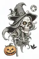Halloween piece featuring Sam's lollipop, black cat, witch hat, skeleton, ghost, candy, pumpkin  tattoo design idea