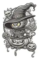 cute halloween, trick r treat lollipop, black cat, witch hat, skeleton, ghost, candy, pumpkin  tattoo design idea