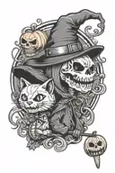 cute halloween, trick r treat lollipop, black cat, witch hat, skeleton, ghost, candy, pumpkin  tattoo design idea