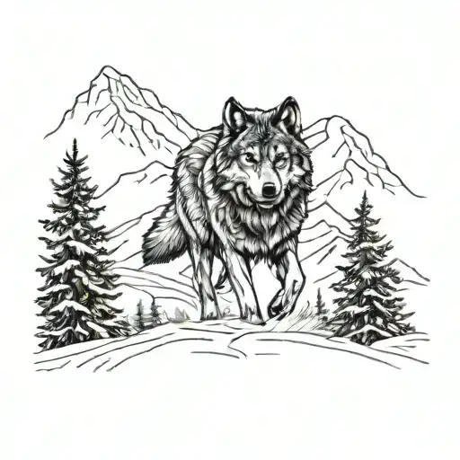 A majestic wolf running through a snowy Arctic landscape tattoo design idea