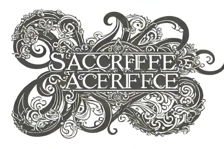 "SACRIFICE" in Black Label Font, simplified, curved across the chest, all-black, no background. tattoo design idea