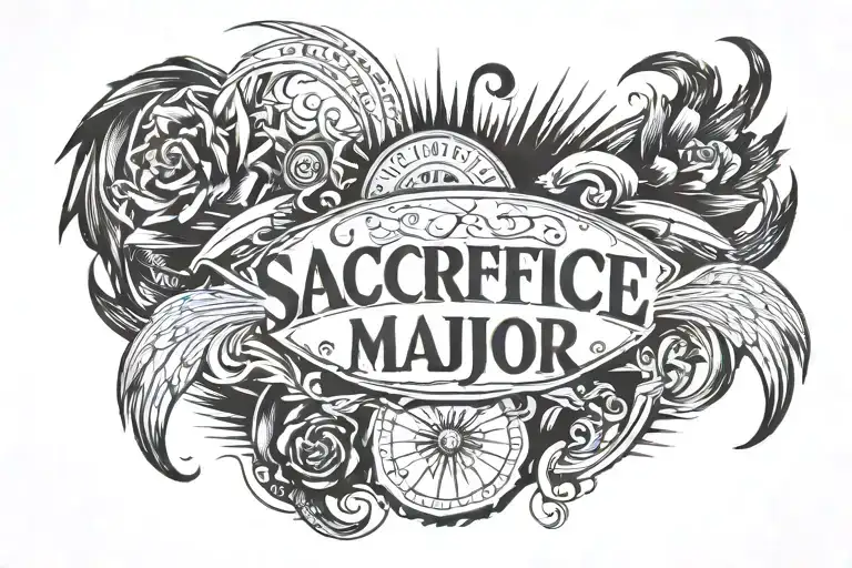 Tattoo between the pectoralis major and minor, a bit on the minor side. The text "SACRIFICE". haa simple rays background tattoo design idea